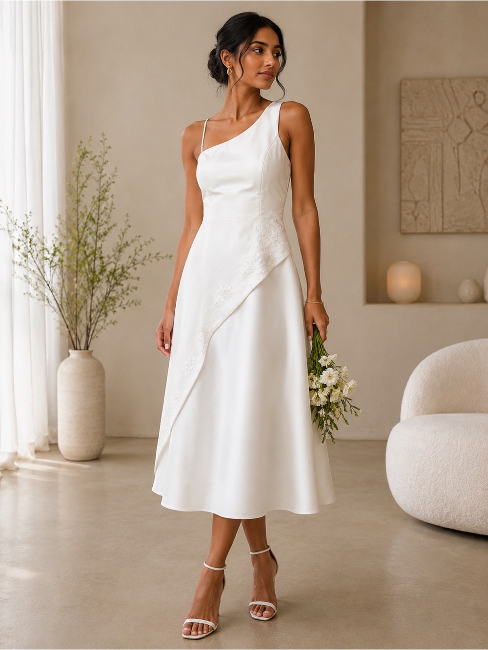 One-Shoulder White Midi Dress with Asymmetric Overlay